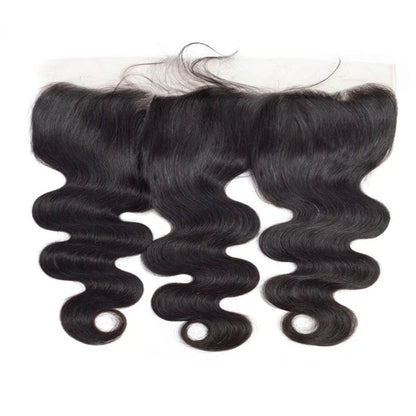 Three bundles of black hair with a lace frontal on a white background