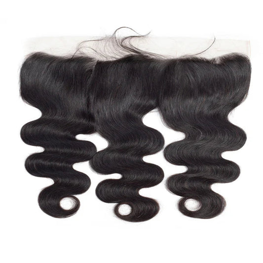 Three bundles of black hair with a lace frontal on a white background
