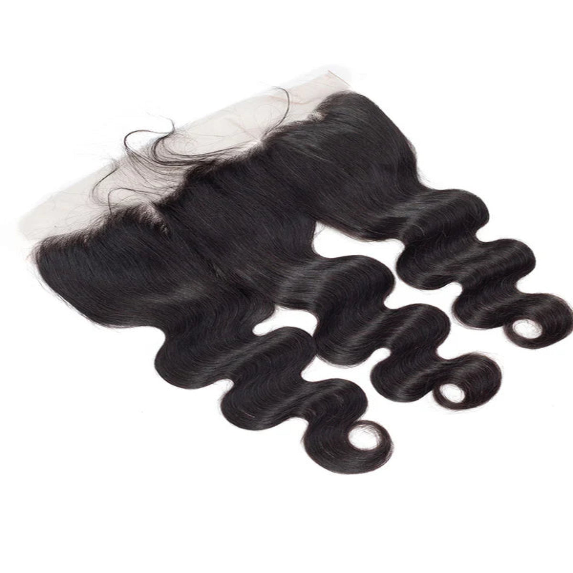 Black hair extensions with a lace frontal on a white background